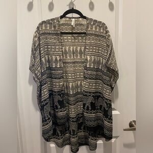 Boho Black and Cream Patterned Kimono Elephant Pattern - Women L